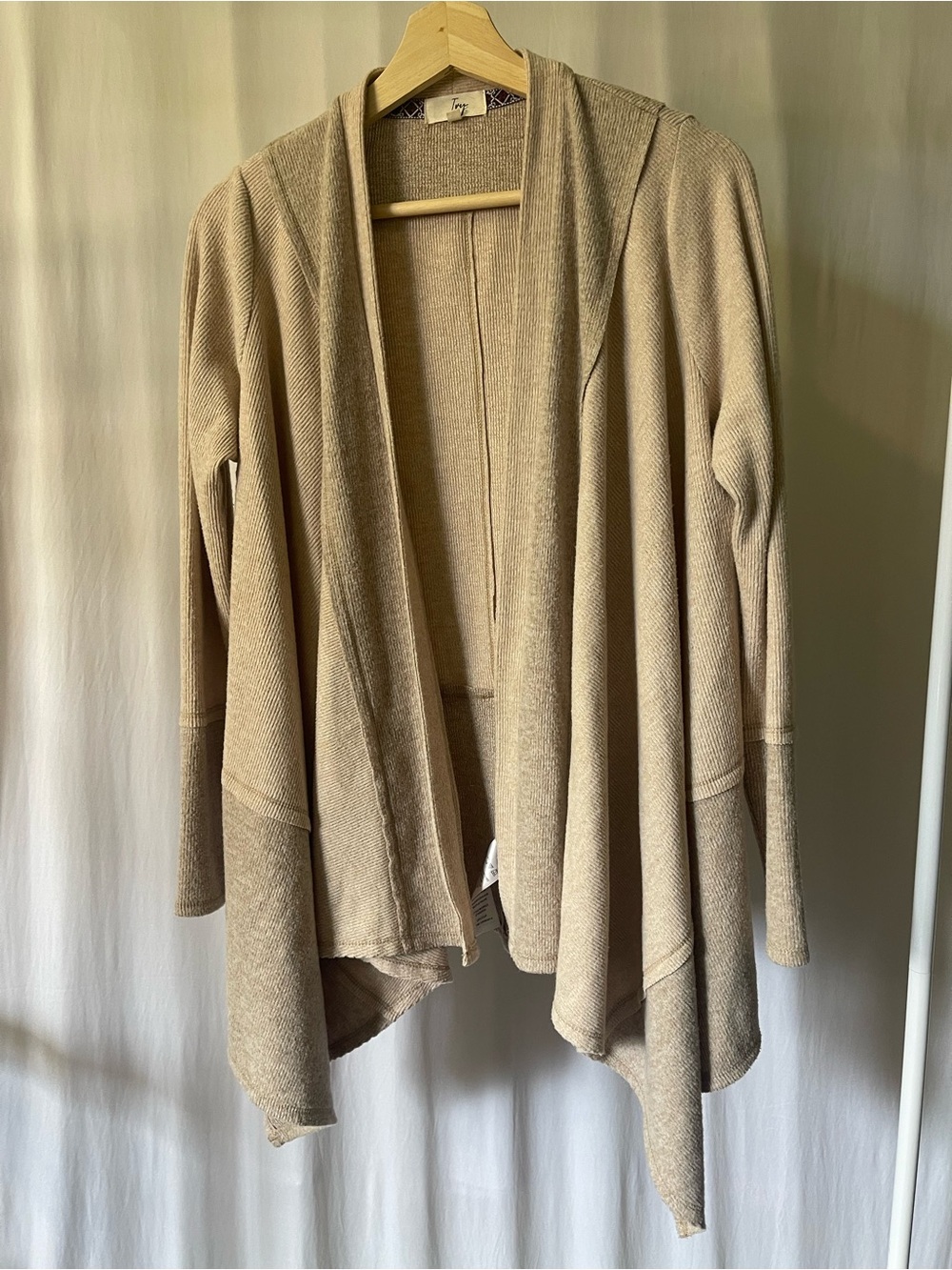 Ivy Taupe Open Front Drape Cardigan Sweater Ribbed Knit Asymmetric Waterfall XS